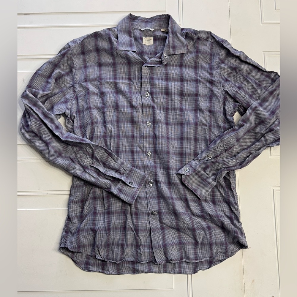 Culturata Made in Italy Men’s 16.5 L Tailored Fit Purple Plaid Button Up Shirt